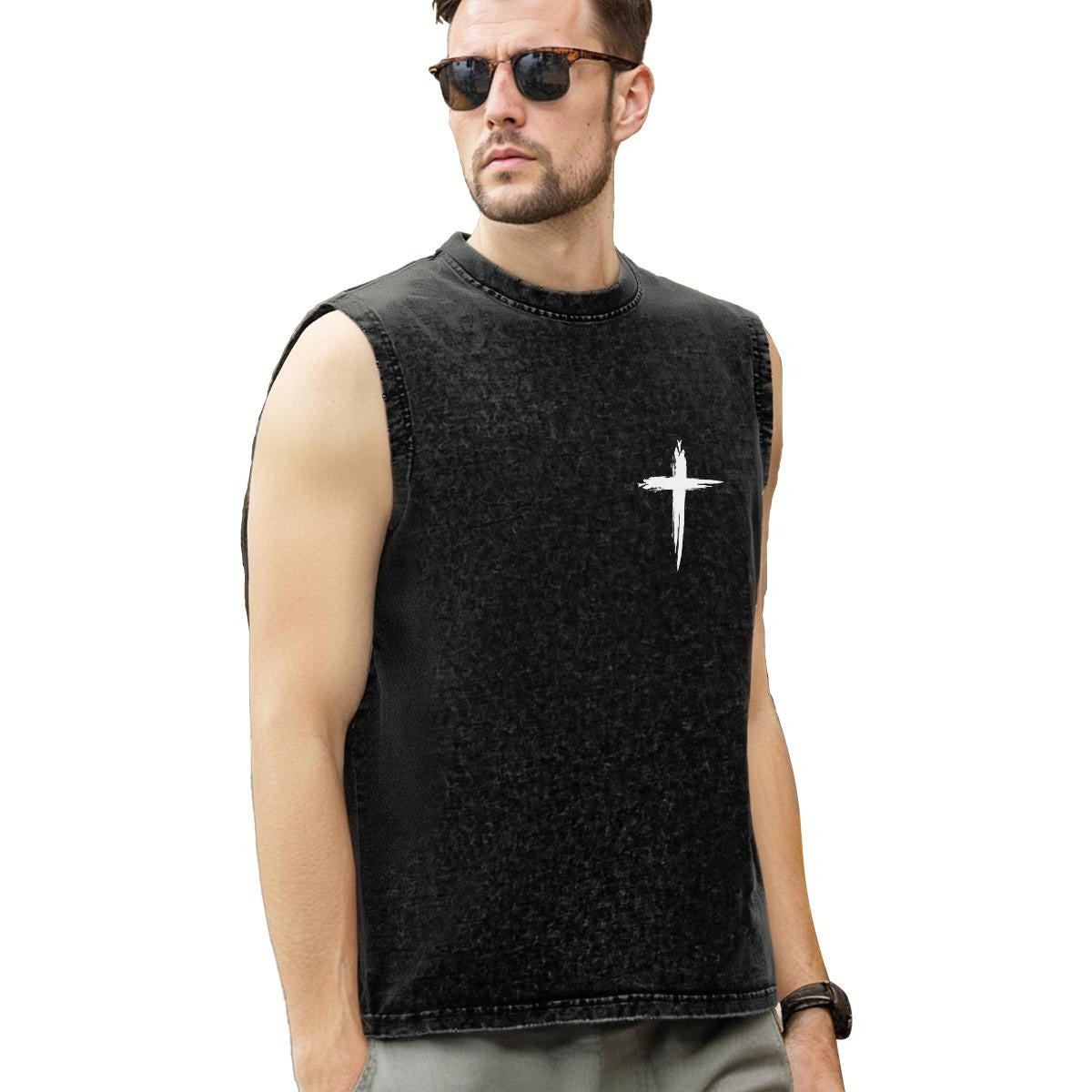 JESUS THE ULTIMATE DEADLIFTER Washed Cotton Sleeveless T-Shirt Printed in Cotton