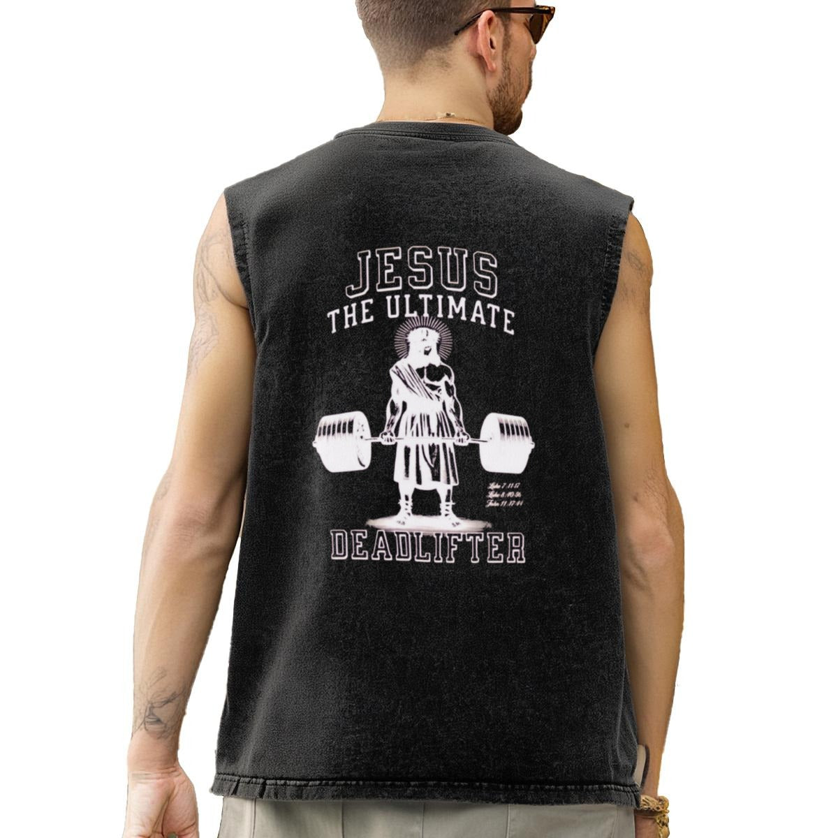 JESUS THE ULTIMATE DEADLIFTER Washed Cotton Sleeveless T-Shirt Printed in Cotton